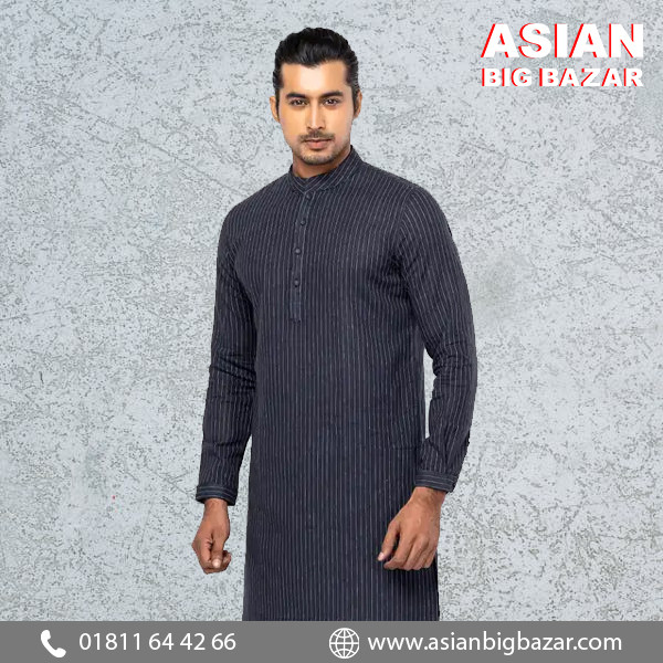 Midnight Blue Stripe Printed Ramie Cotton Short Kurta
