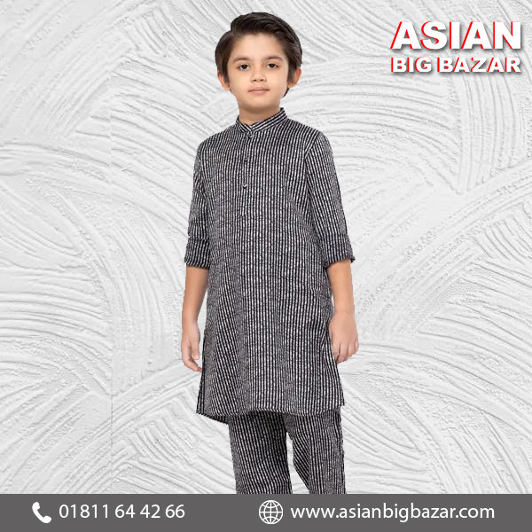 Grey/Black Striped Viscose-Cotton Panjabi Pajama Set