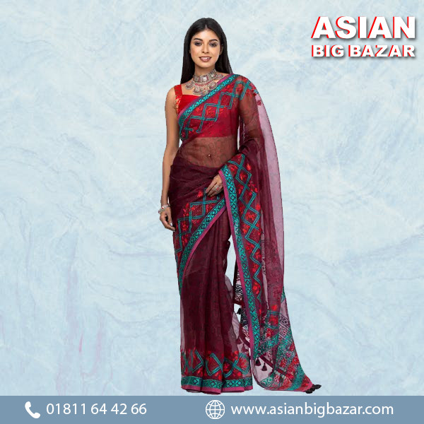 Maroon Printed and Embroidered Muslin Saree