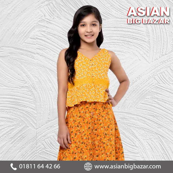 Yellow Printed and Embroidered Linen Skirt Top Set