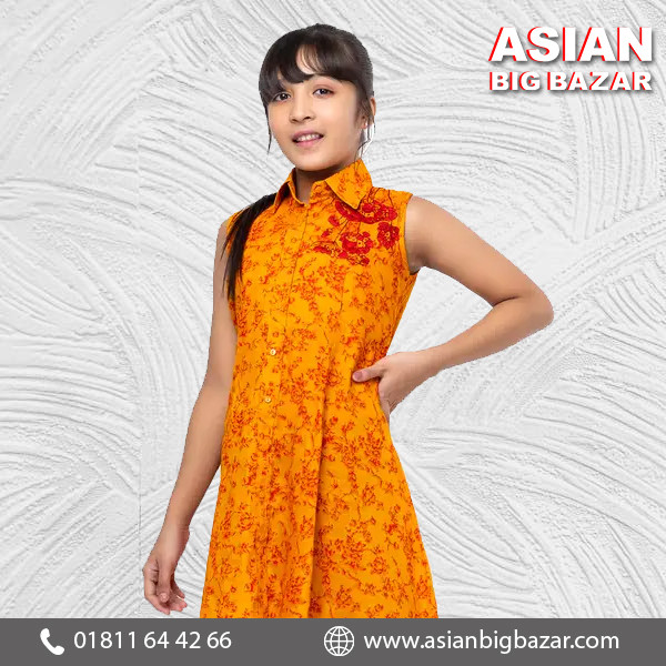 Orange-Yellow Printed and Embroidered Voile Frock