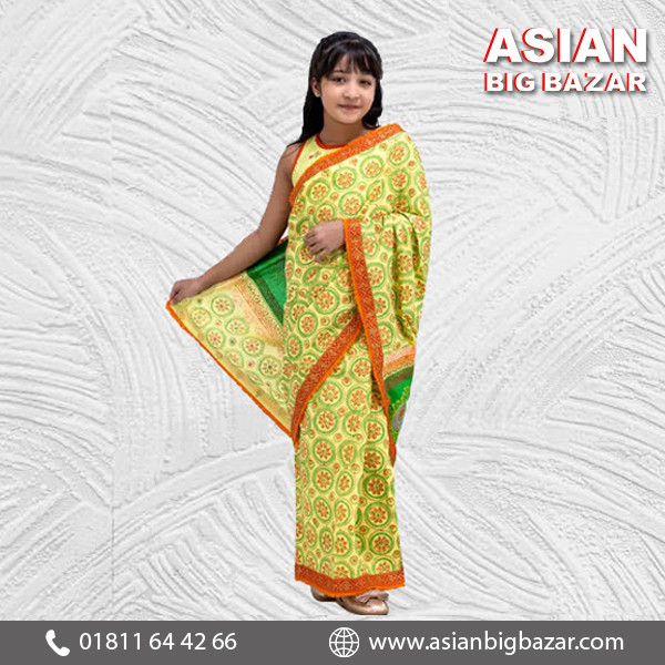 Charming Yellow Printed Voile Saree for Girls